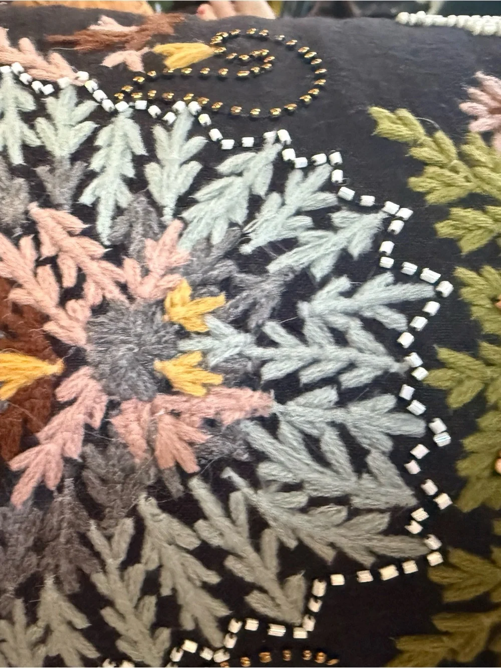 Embroidered Floral Decorative Pillow Cover in Black and Green